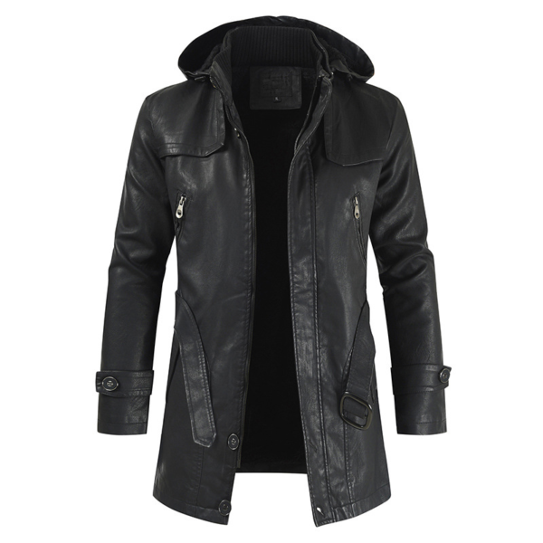 Leather jacket hooded slim coat - Image 3