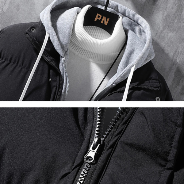 Fashion Hooded Jacket Men Winter Windproof Thickened Fake Two-piece Coat Solid Leisure Sports Cotton Jacket - Image 3