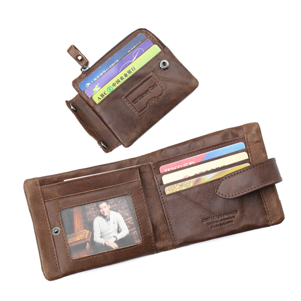 First Layer Cowhide Men's Wallet Vintage Zipper Buckle Leather Short Wallet - Image 2