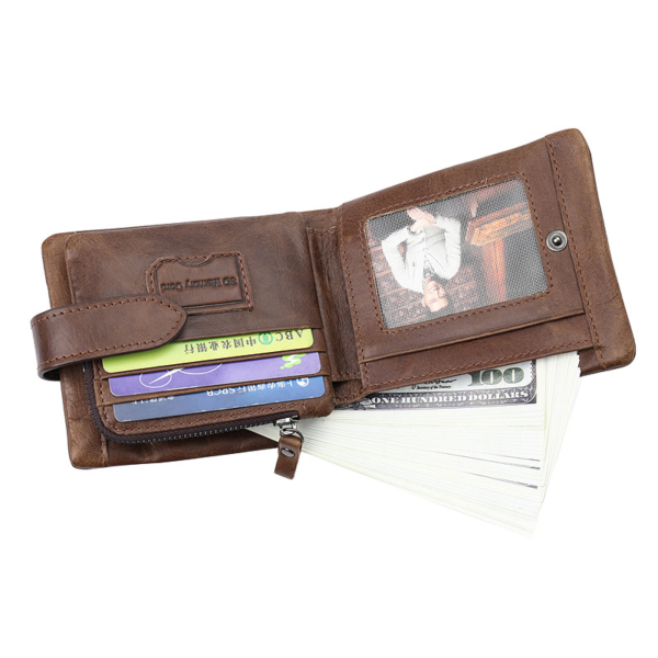 First Layer Cowhide Men's Wallet Vintage Zipper Buckle Leather Short Wallet - Image 3