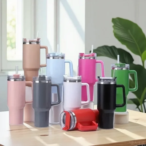 40oz 304 Stainless Steel Insulated Water Bottle,Thermal Coffee Car Cup, Cold Hot Mugs Vacuum Flask With Handle Straw,For Sport