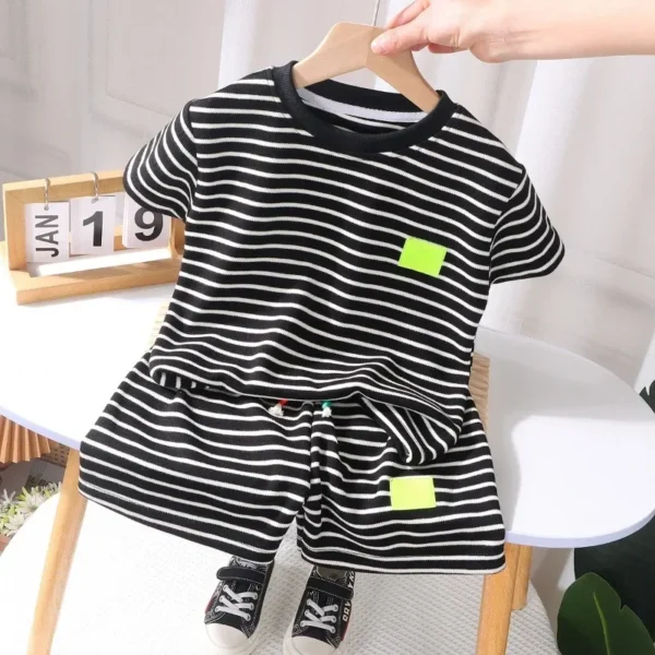 2Pcs Fashion Children Short Sleeve Shorts Sets Summer Kids Clothes Boys Baby Cotton Tee Pant Outfits Black and White Stripe - Image 3