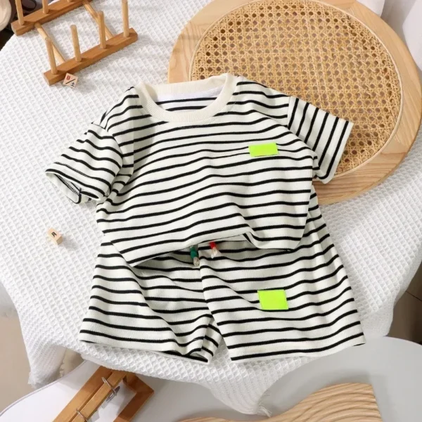 2Pcs Fashion Children Short Sleeve Shorts Sets Summer Kids Clothes Boys Baby Cotton Tee Pant Outfits Black and White Stripe - Image 2