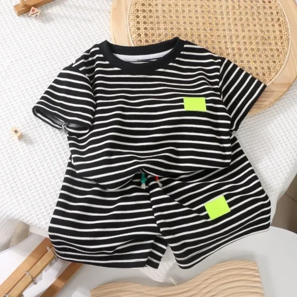 2Pcs Fashion Children Short Sleeve Shorts Sets Summer Kids Clothes Boys Baby Cotton Tee Pant Outfits Black and White Stripe - Image 4